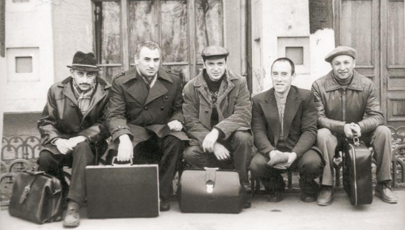 Five of the convicted in the Leningrad trials before they left for Israel, Moscow, Russia (USSR), 1979 From left: Arye Khanokh, Wolf Zalmanson, Boris Penson, Anatoly Altman, Hillel Butman The Oster Visual Documentation Center, Beit Hatfutsot, courtesy of Yona and Natan Schwartzman